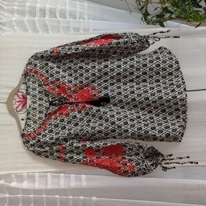 💯 Cotton Embroidered Tunic Blouse Boho Top Black Red White Small